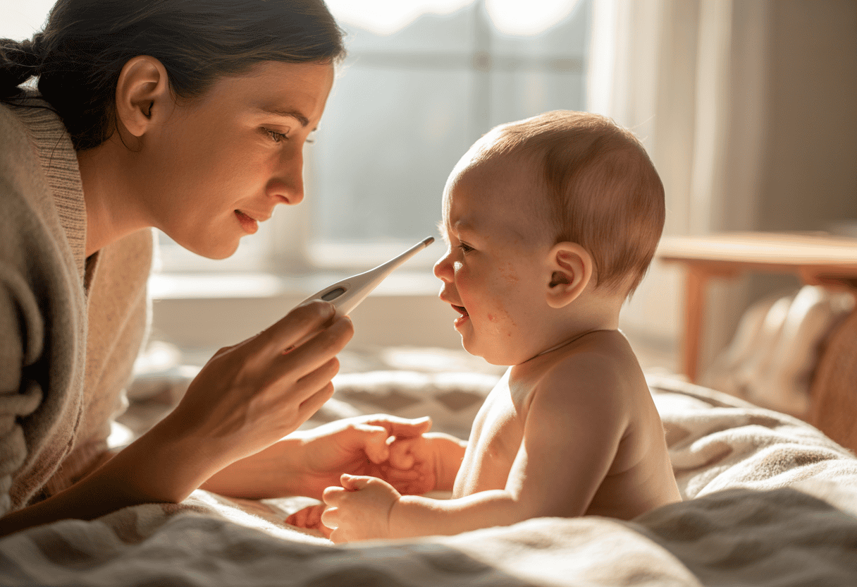 Mom checking temperature of baby | The Best Thermometer Type for Babies
