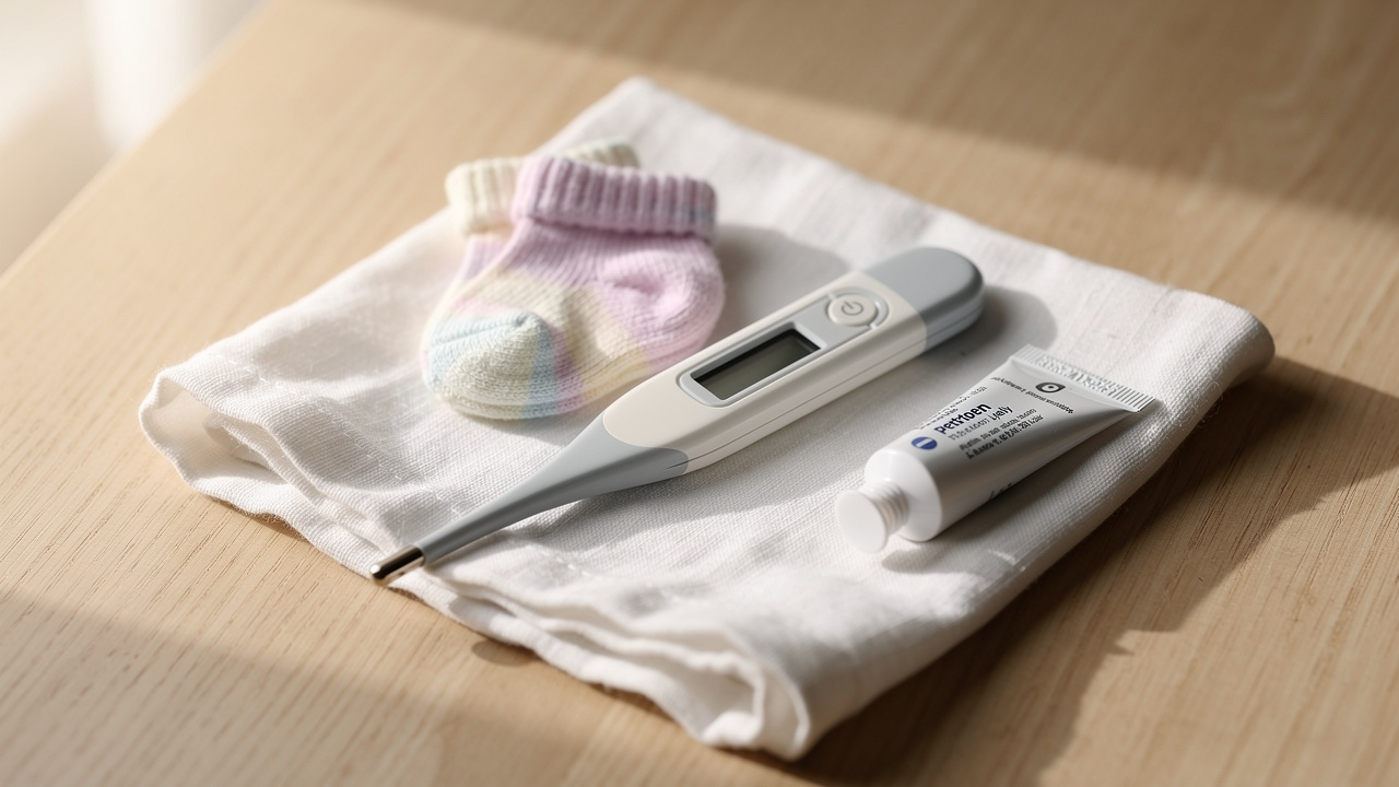 Digital baby thermometer on white cotton cloth