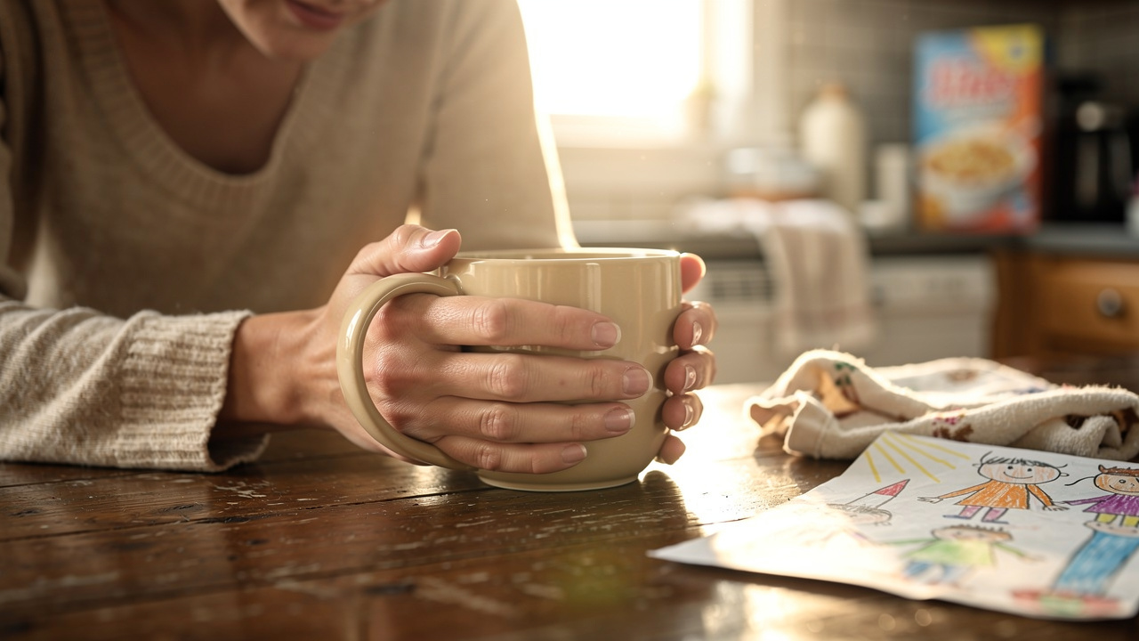 Mother holding coffee mug in quiet morning moment