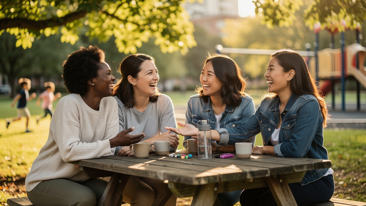Group of mothers laughing together outdoors at a park