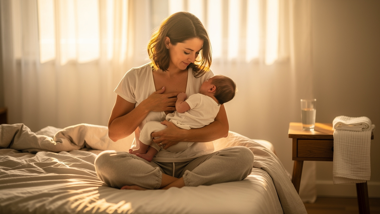 Mother breastfeeding newborn calmly in morning sunlight