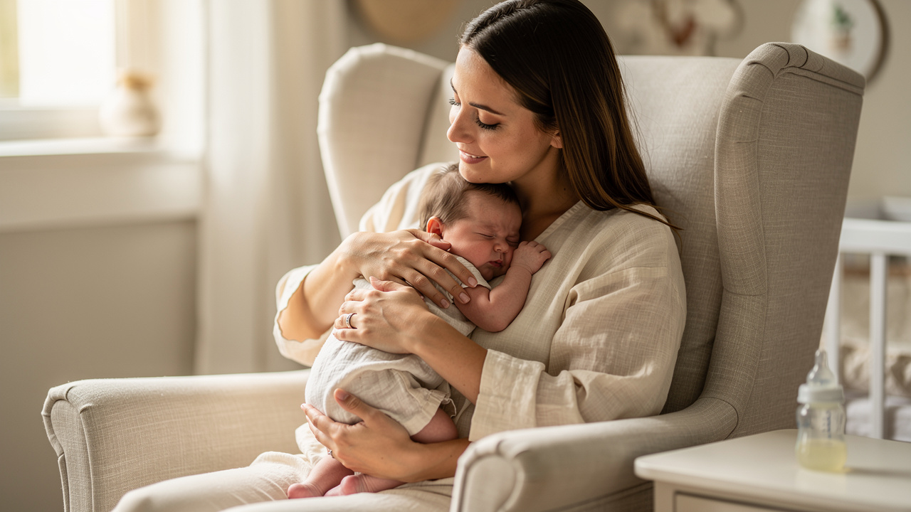 Mother gently burping newborn baby after bottle feeding session