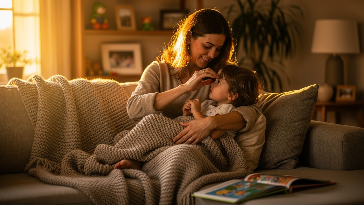 Mother and child sharing a warm tender moment on couch