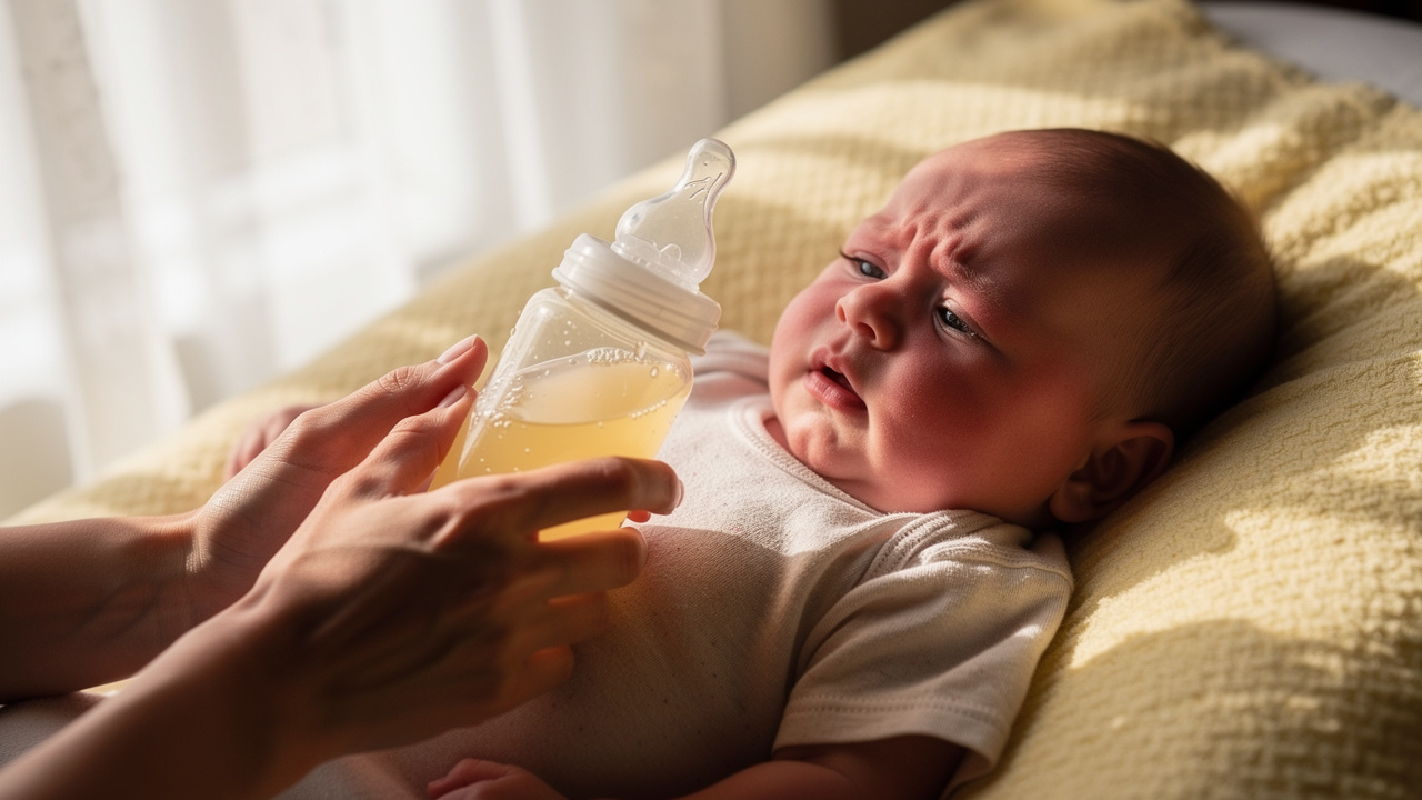 Mother offering fluids to feverish baby at home