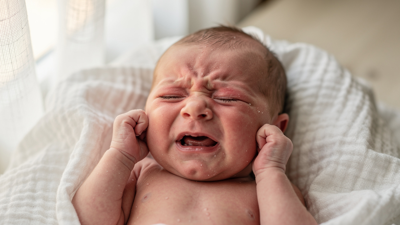 Crying newborn baby showing signs of colic discomfort