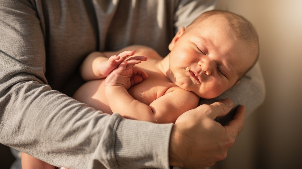 Satisfied newborn with relaxed open hands showing fullness cues