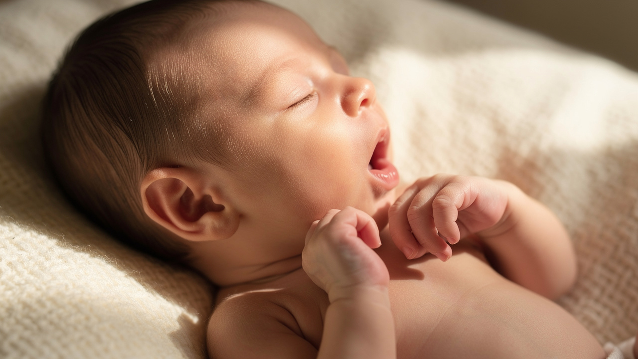Newborn baby displaying rooting reflex as hunger signal