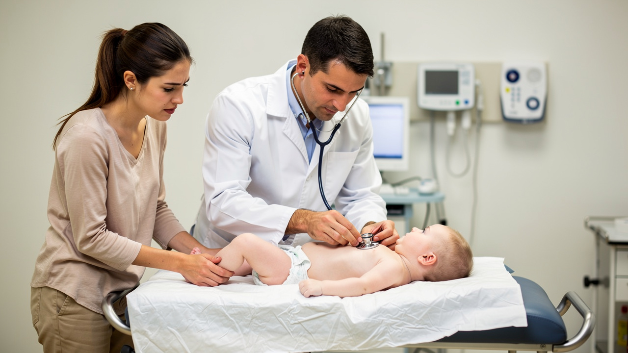Pediatrician examining infant while concerned mother watches